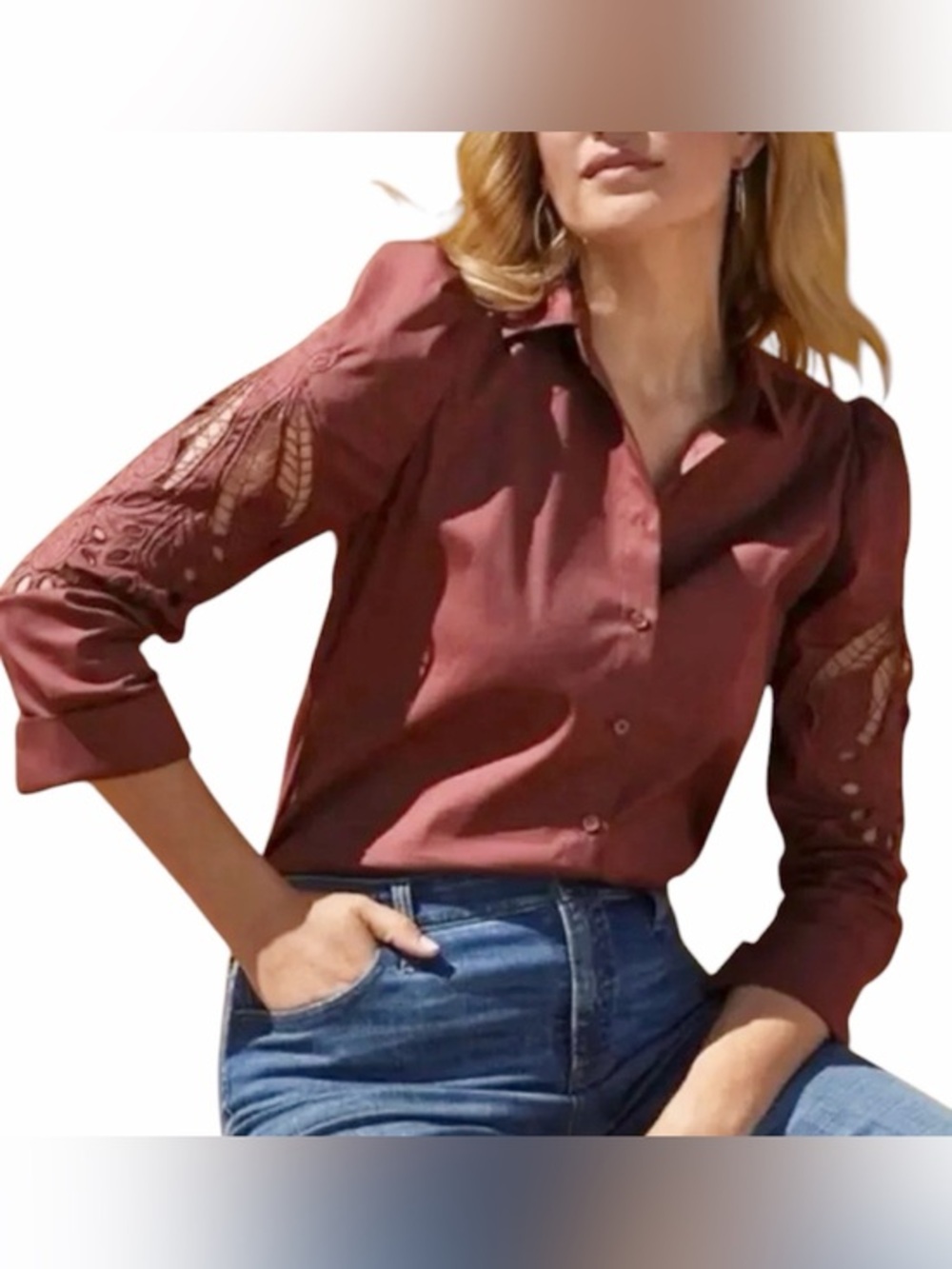 Chico’s Floral Lace Cutwork Sleeve Button Up Top
